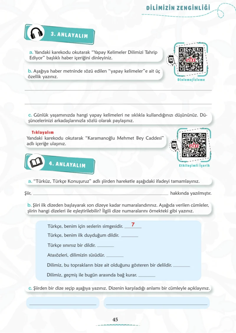 6. Sınıf Türkçe Ders Kitabı Cevapları Meb Yayınları 1. Kitap Sayfa 45