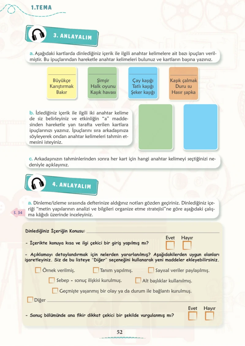 6. Sınıf Türkçe Ders Kitabı Cevapları Meb Yayınları 1. Kitap Sayfa 52