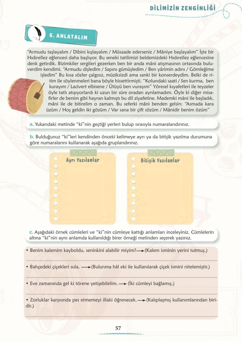 6. Sınıf Türkçe Ders Kitabı Cevapları Meb Yayınları 1. Kitap Sayfa 57
