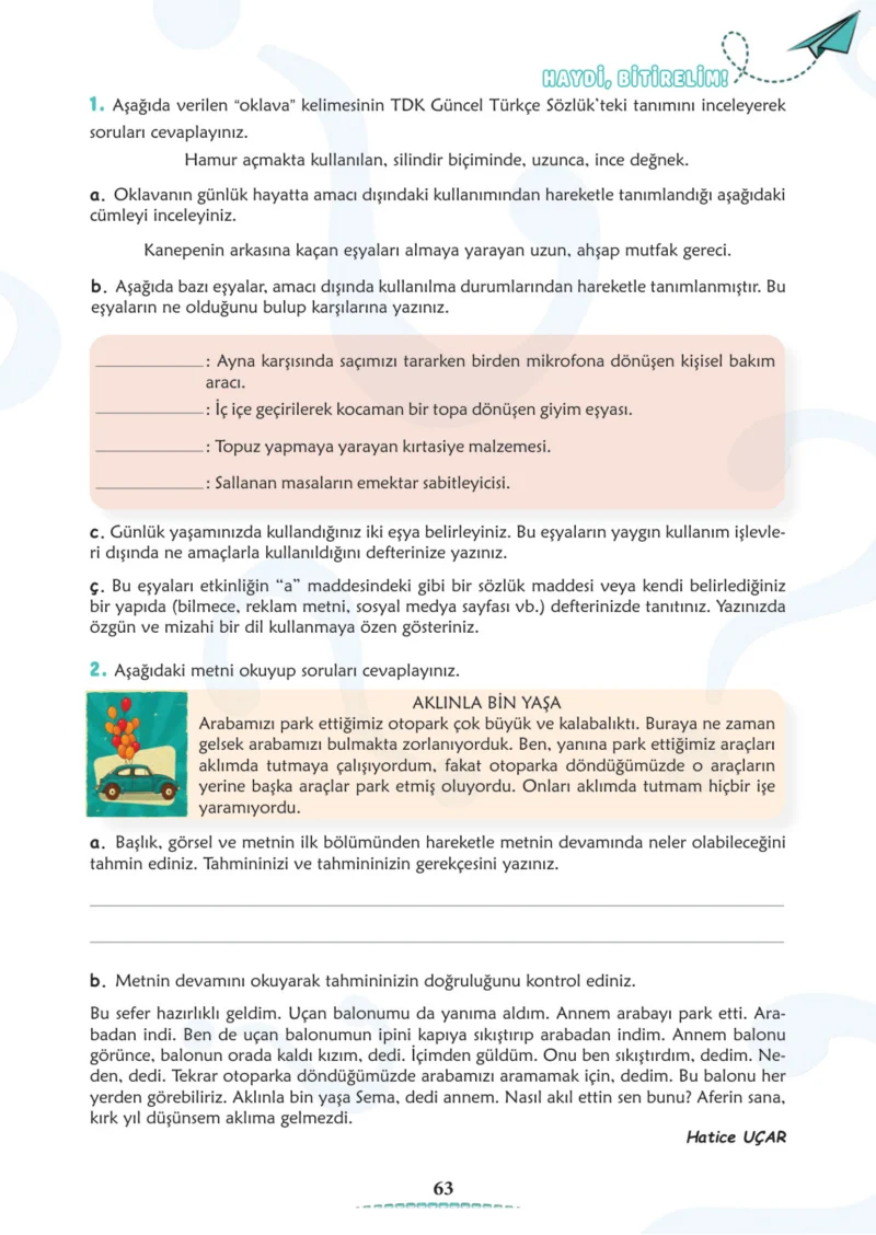 6. Sınıf Türkçe Ders Kitabı Cevapları Meb Yayınları 1. Kitap Sayfa 63