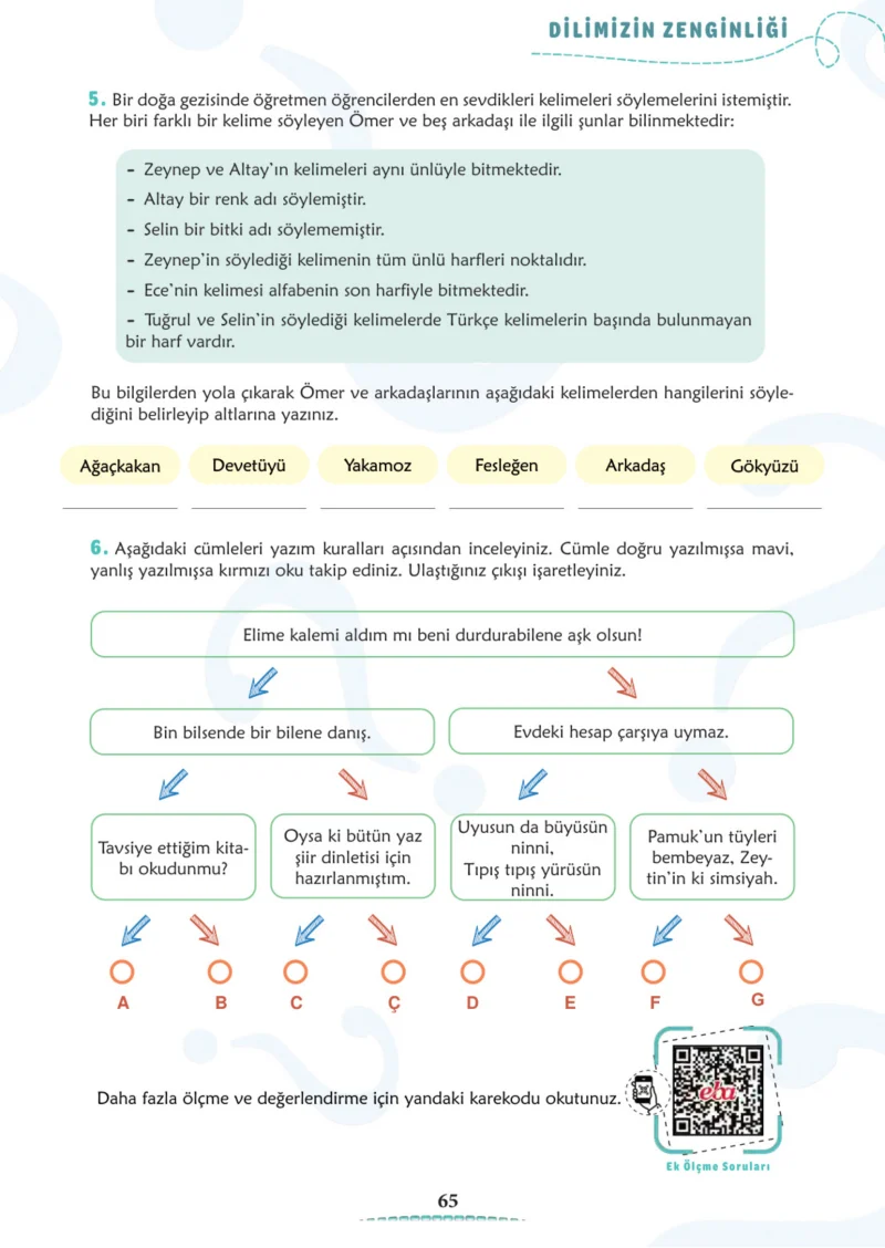 6. Sınıf Türkçe Ders Kitabı Cevapları Meb Yayınları 1. Kitap Sayfa 65