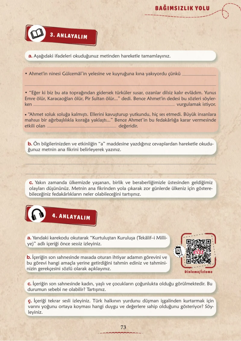 6. Sınıf Türkçe Ders Kitabı Cevapları Meb Yayınları 1. Kitap Sayfa 73