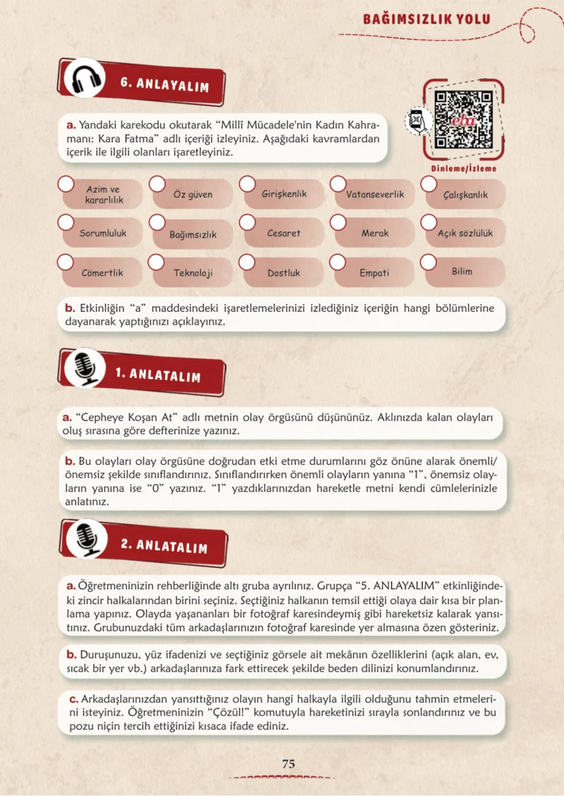 6. Sınıf Türkçe Ders Kitabı Cevapları Meb Yayınları 1. Kitap Sayfa 75