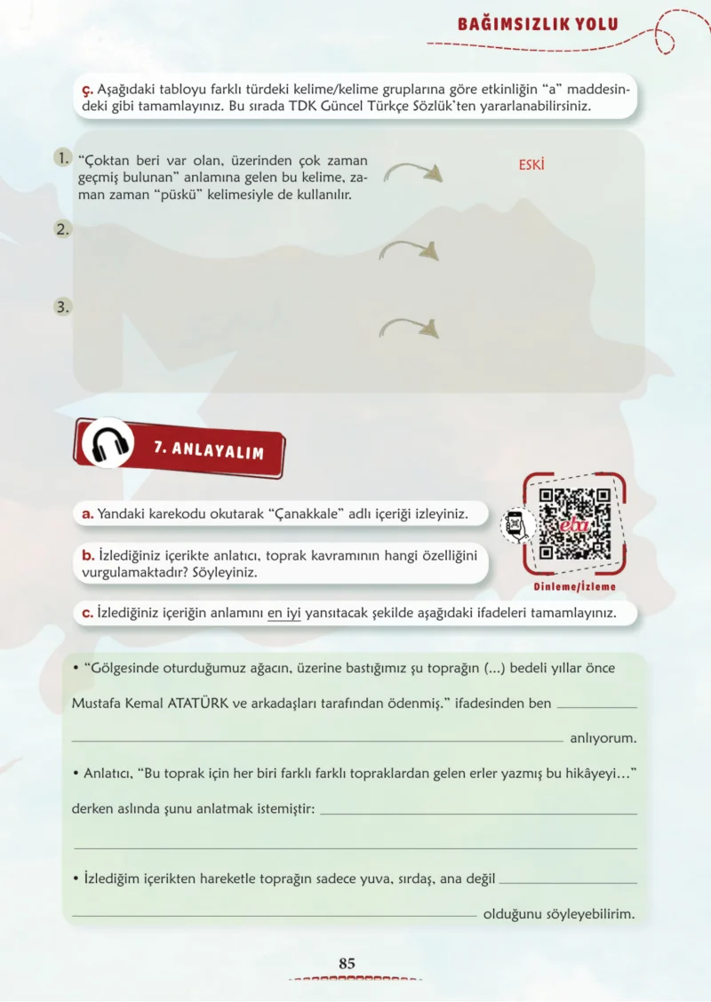 6. Sınıf Türkçe Ders Kitabı Cevapları Meb Yayınları 1. Kitap Sayfa 85