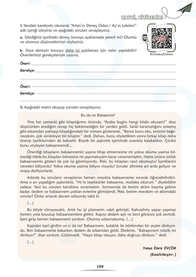 6. Sınıf Türkçe Ders Kitabı Cevapları Meb Yayınları 2. Kitap Sayfa 109