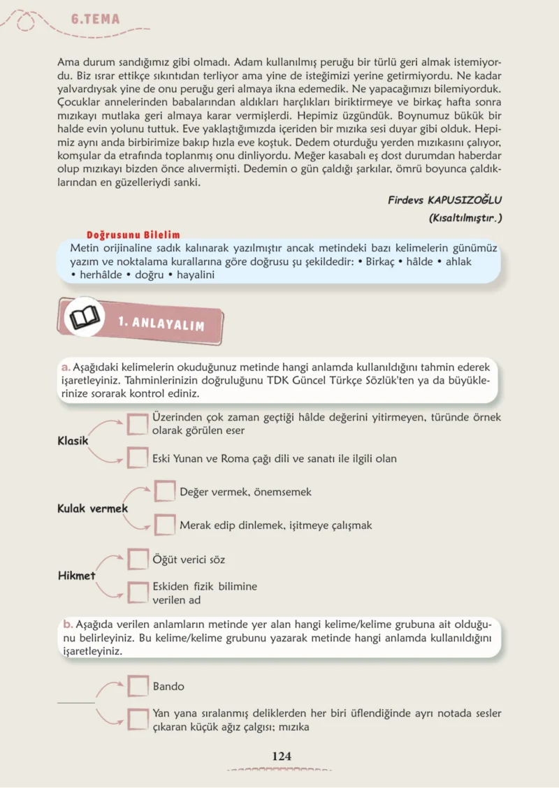 6. Sınıf Türkçe Ders Kitabı Cevapları Meb Yayınları 2. Kitap Sayfa 124