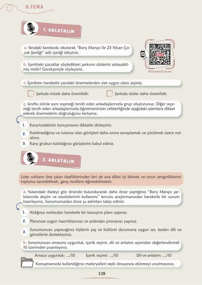 6. Sınıf Türkçe Ders Kitabı Cevapları Meb Yayınları 2. Kitap Sayfa 128