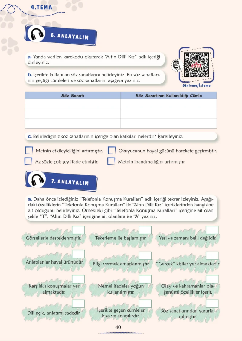 6. Sınıf Türkçe Ders Kitabı Cevapları Meb Yayınları 2. Kitap Sayfa 40