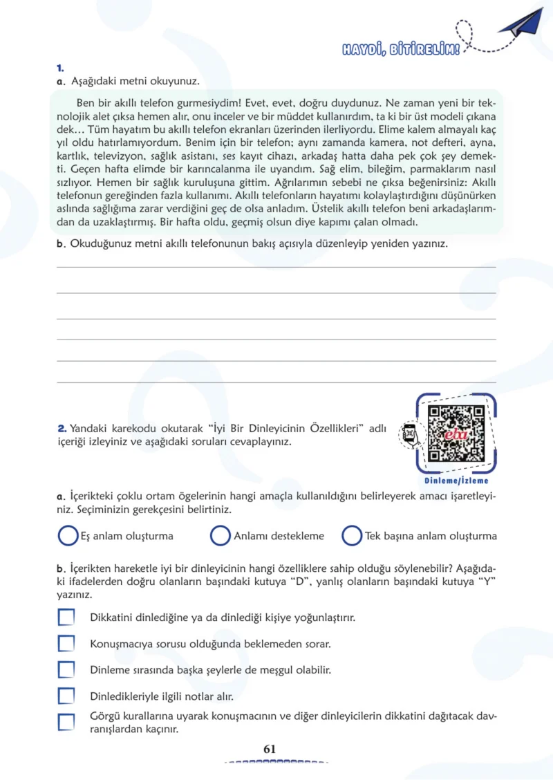 6. Sınıf Türkçe Ders Kitabı Cevapları Meb Yayınları 2. Kitap Sayfa 61
