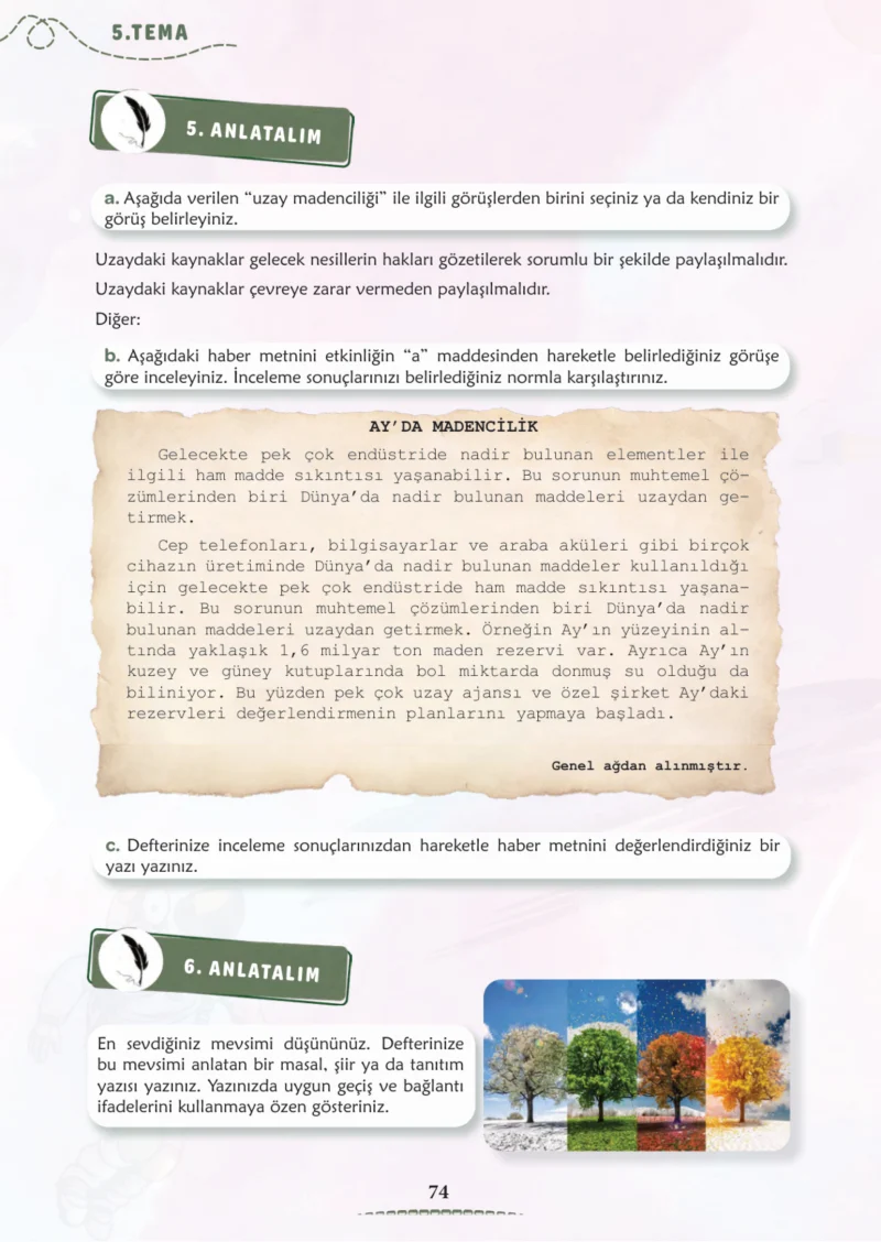 6. Sınıf Türkçe Ders Kitabı Cevapları Meb Yayınları 2. Kitap Sayfa 74