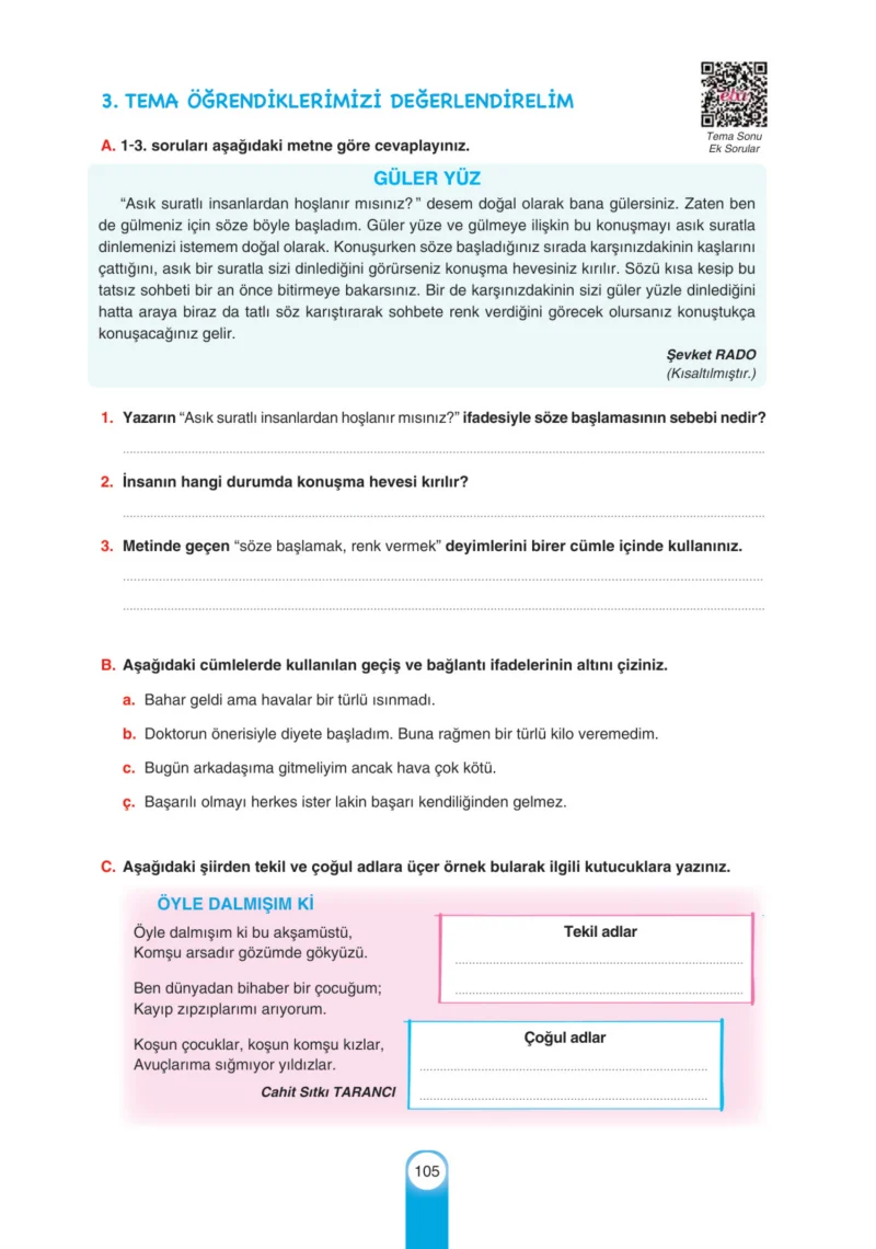 6. Sınıf Türkçe Ders Kitabı Cevapları Yıldırım Yayınları Sayfa 105