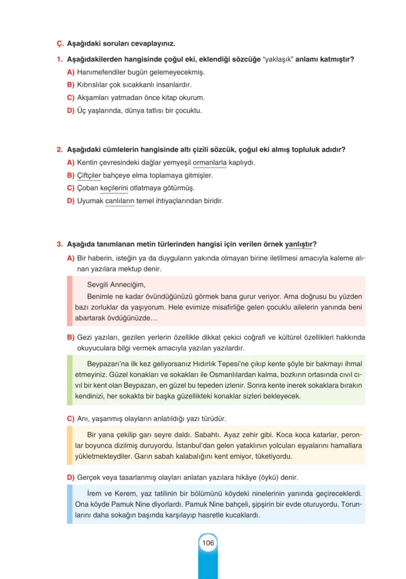 6. Sınıf Türkçe Ders Kitabı Cevapları Yıldırım Yayınları Sayfa 106