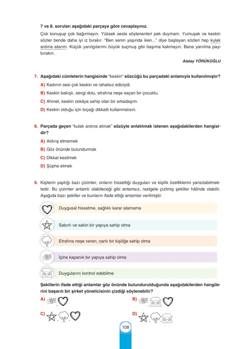 6. Sınıf Türkçe Ders Kitabı Cevapları Yıldırım Yayınları Sayfa 108