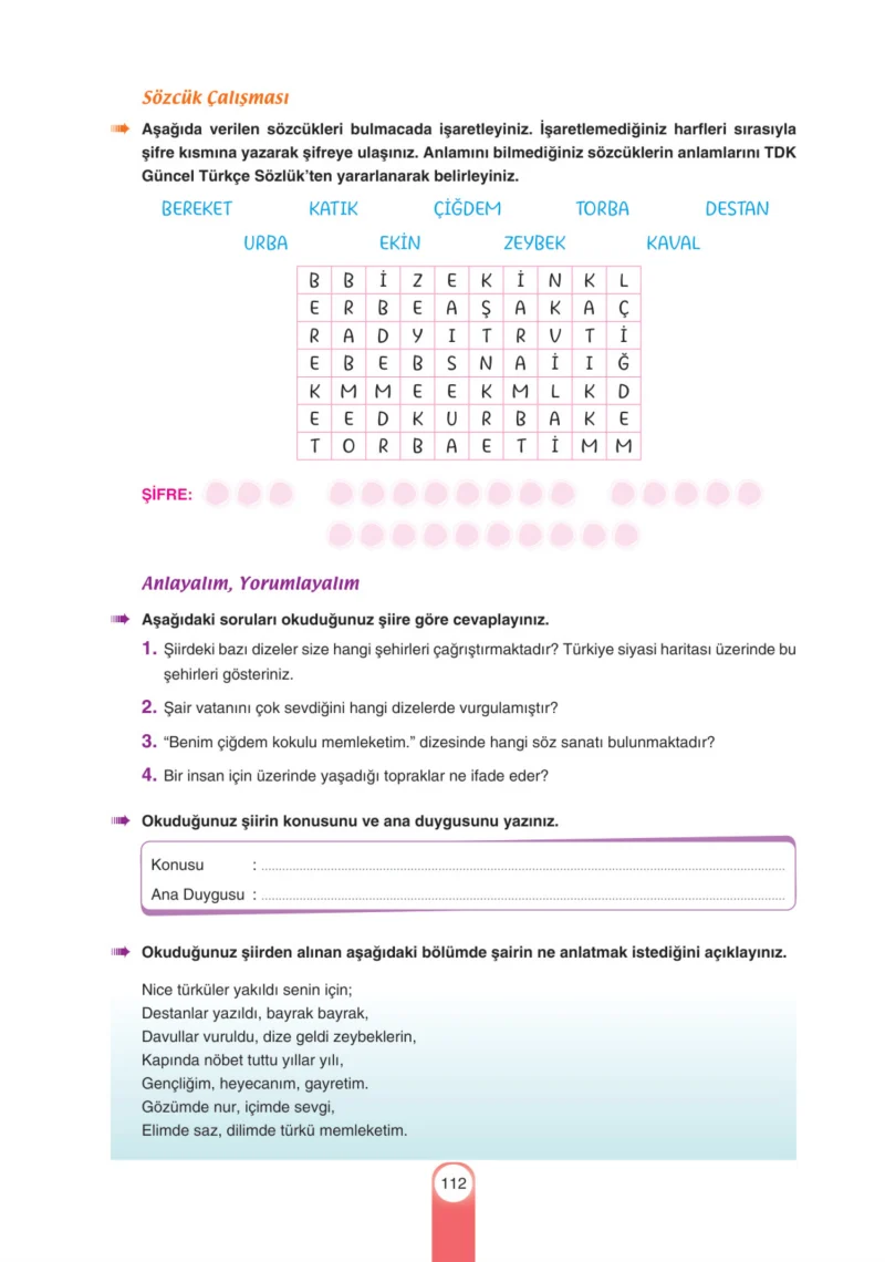 6. Sınıf Türkçe Ders Kitabı Cevapları Yıldırım Yayınları Sayfa 112