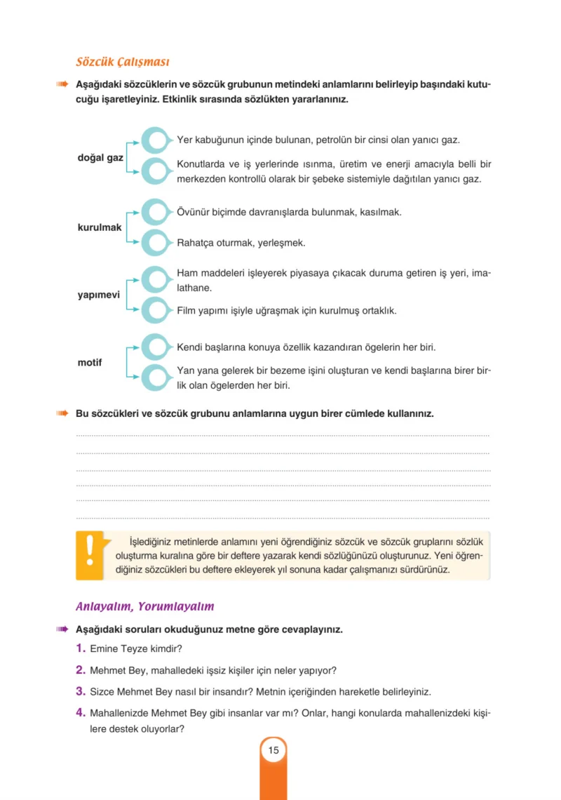 6. Sınıf Türkçe Ders Kitabı Cevapları Yıldırım Yayınları Sayfa 15