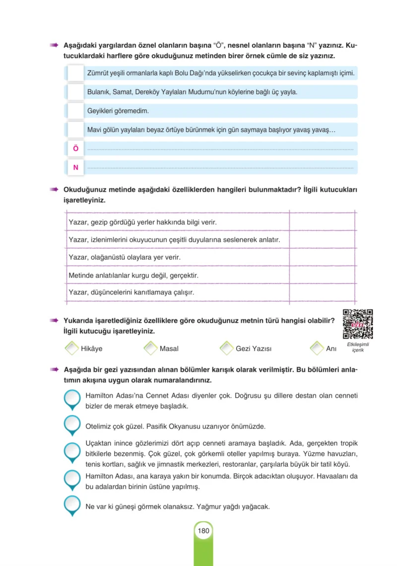 6. Sınıf Türkçe Ders Kitabı Cevapları Yıldırım Yayınları Sayfa 180