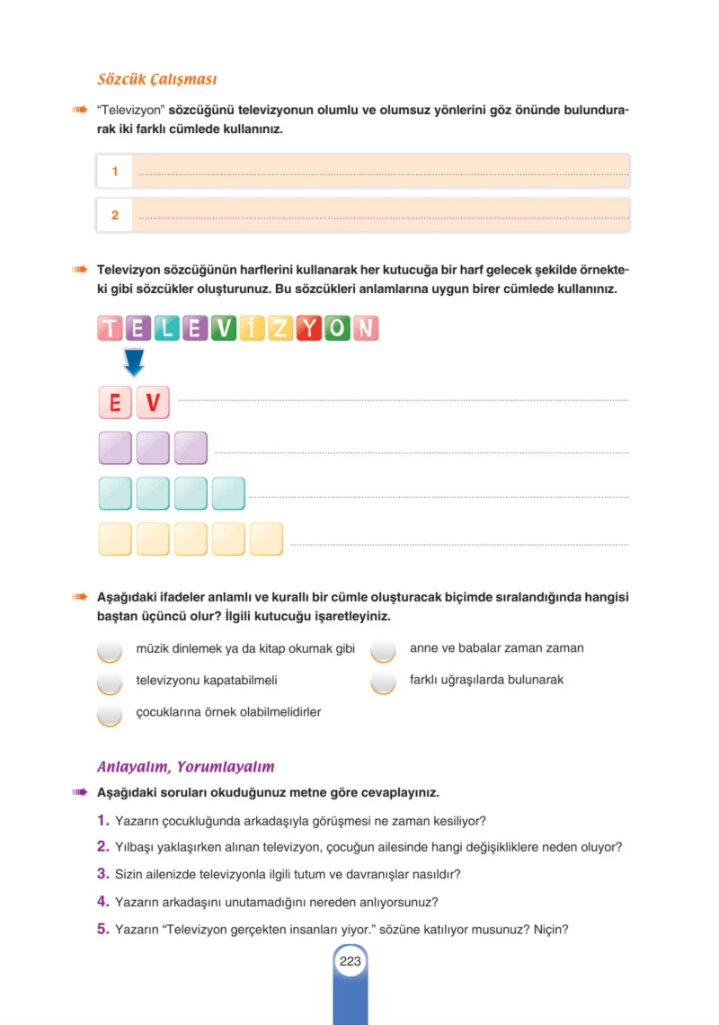 6. Sınıf Türkçe Ders Kitabı Cevapları Yıldırım Yayınları Sayfa 223
