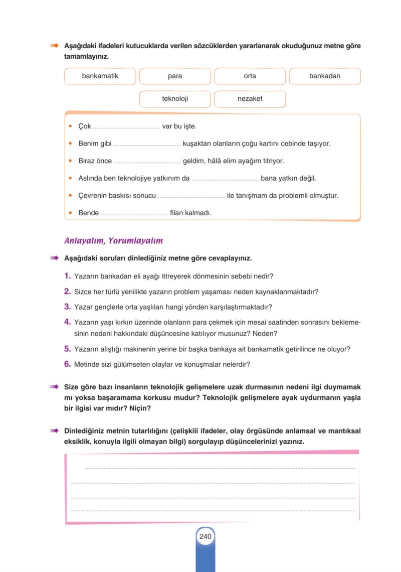 6. Sınıf Türkçe Ders Kitabı Cevapları Yıldırım Yayınları Sayfa 240