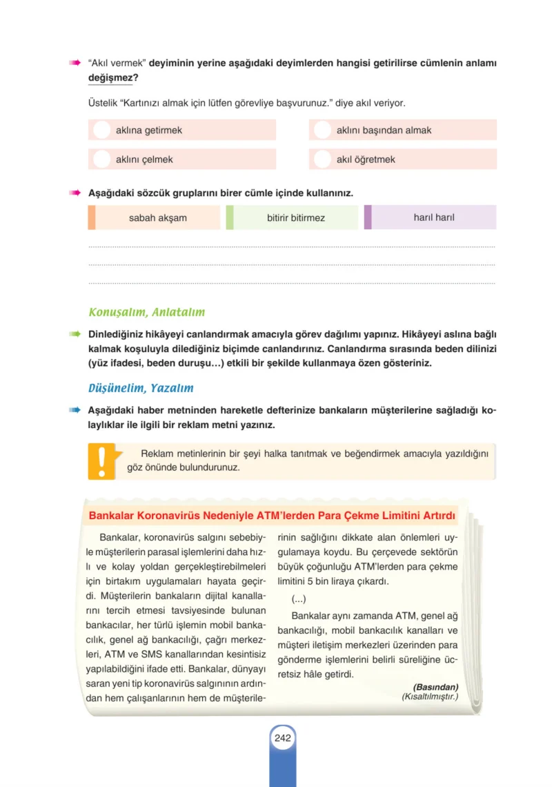 6. Sınıf Türkçe Ders Kitabı Cevapları Yıldırım Yayınları Sayfa 242