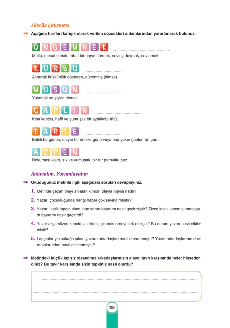 6. Sınıf Türkçe Ders Kitabı Cevapları Yıldırım Yayınları Sayfa 259
