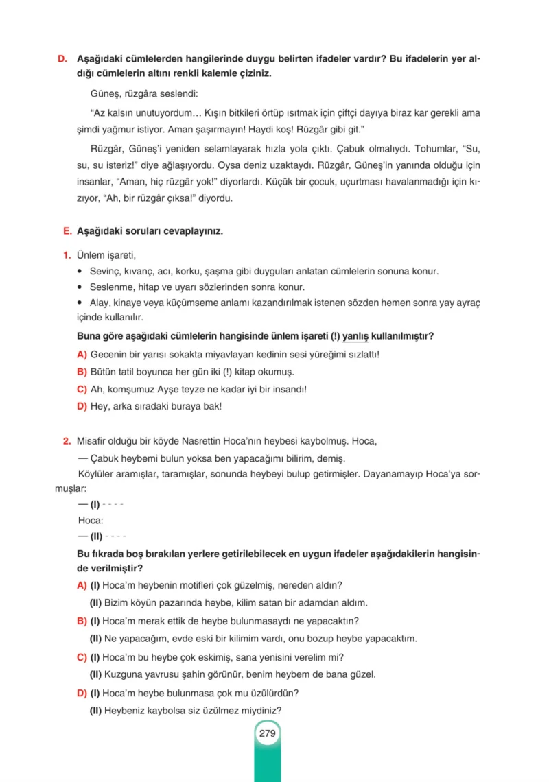 6. Sınıf Türkçe Ders Kitabı Cevapları Yıldırım Yayınları Sayfa 279
