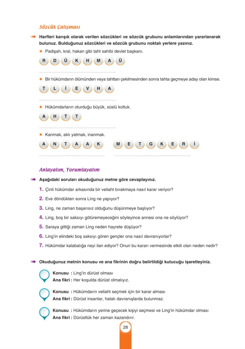 6. Sınıf Türkçe Ders Kitabı Cevapları Yıldırım Yayınları Sayfa 28