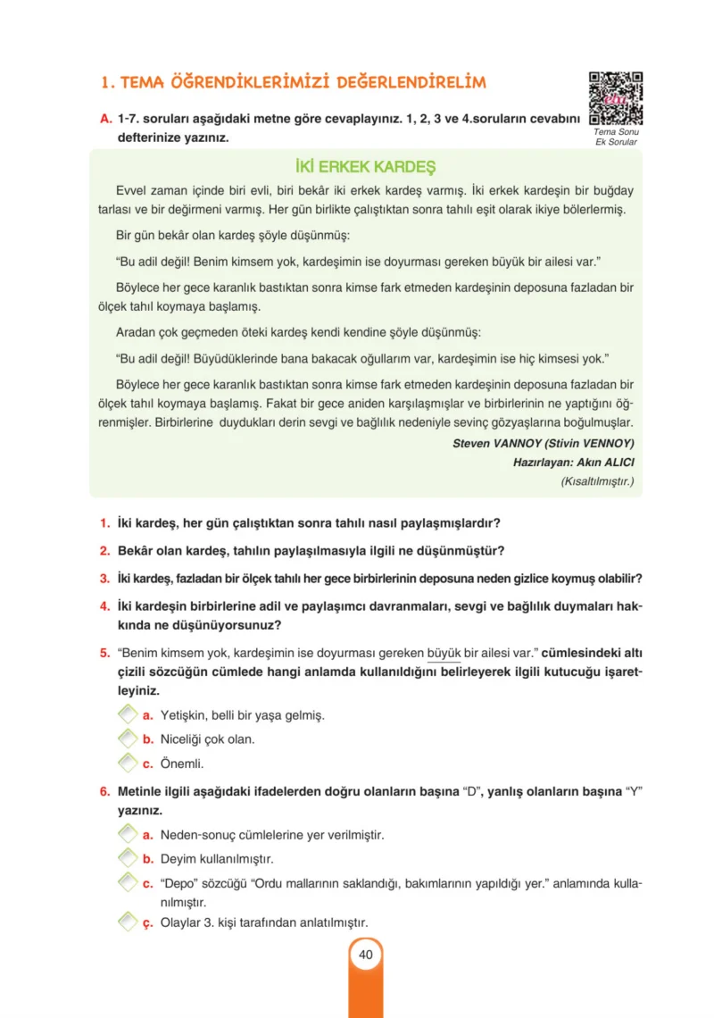 6. Sınıf Türkçe Ders Kitabı Cevapları Yıldırım Yayınları Sayfa 40
