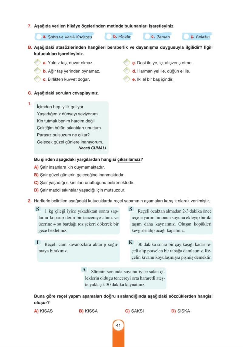6. Sınıf Türkçe Ders Kitabı Cevapları Yıldırım Yayınları Sayfa 41