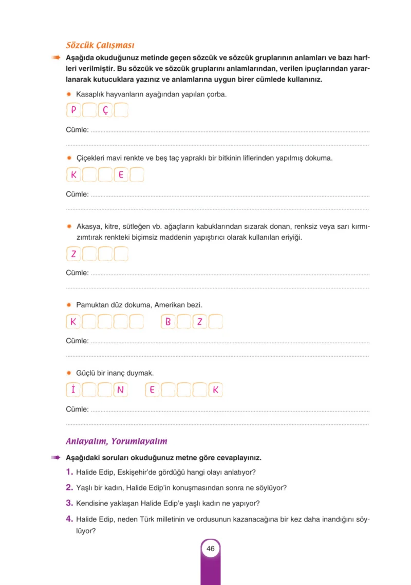 6. Sınıf Türkçe Ders Kitabı Cevapları Yıldırım Yayınları Sayfa 46