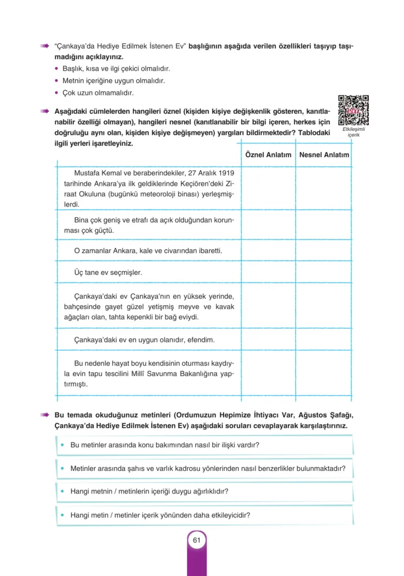6. Sınıf Türkçe Ders Kitabı Cevapları Yıldırım Yayınları Sayfa 61