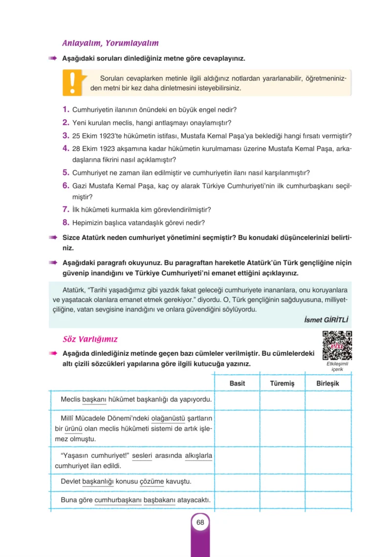 6. Sınıf Türkçe Ders Kitabı Cevapları Yıldırım Yayınları Sayfa 68