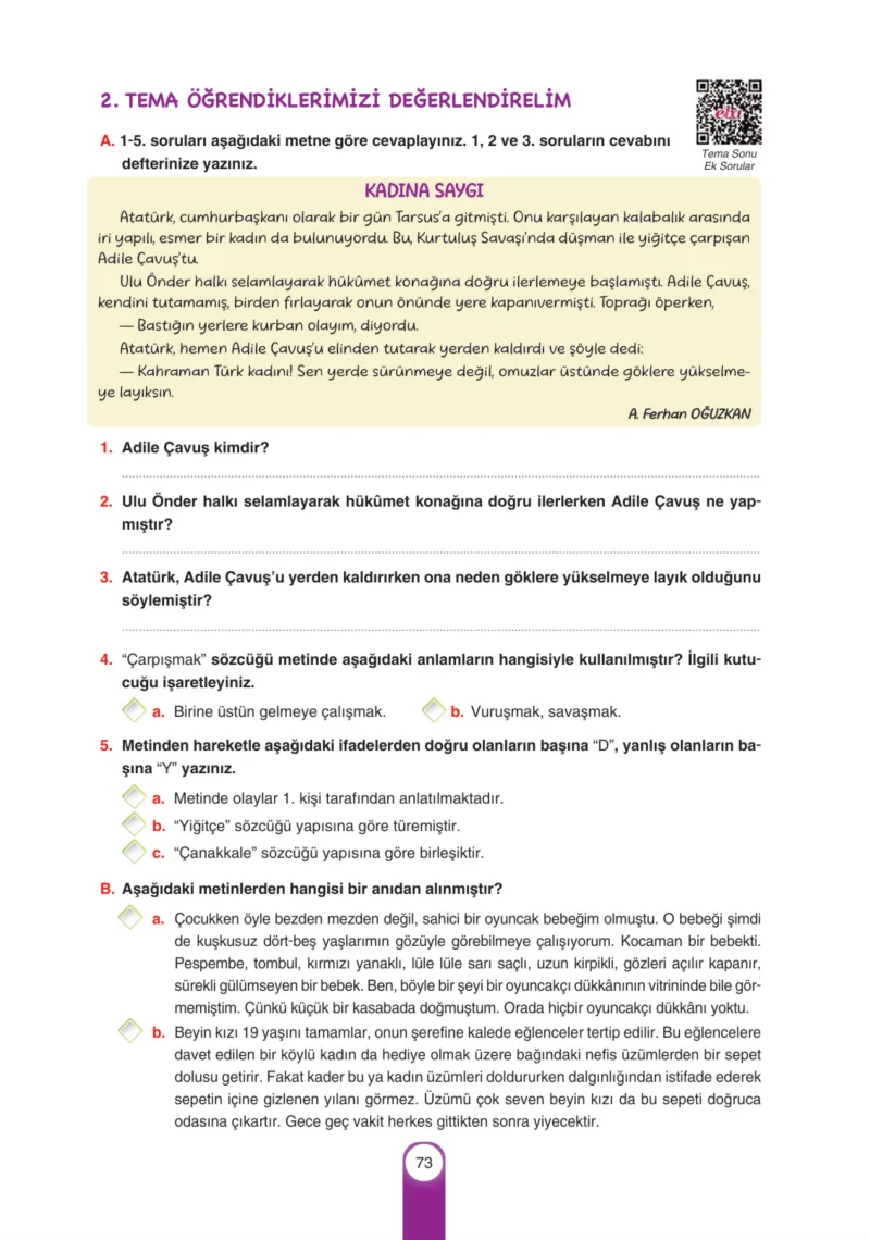 6. Sınıf Türkçe Ders Kitabı Cevapları Yıldırım Yayınları Sayfa 73