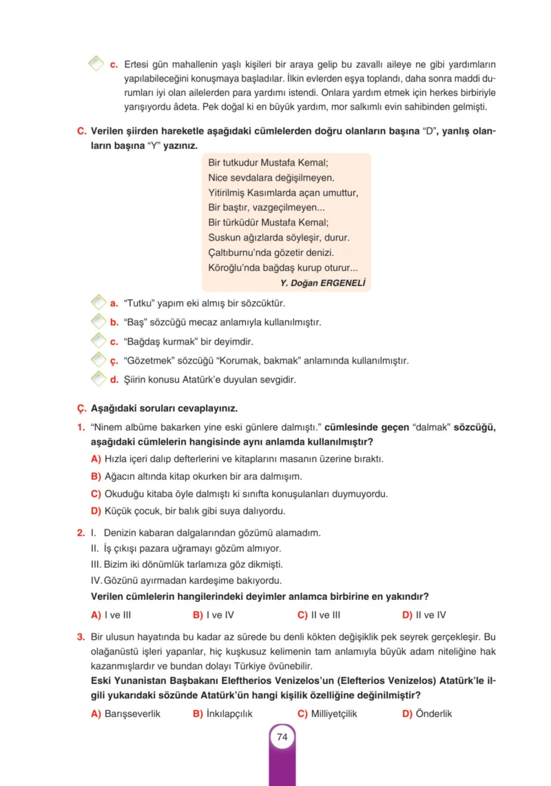 6. Sınıf Türkçe Ders Kitabı Cevapları Yıldırım Yayınları Sayfa 74