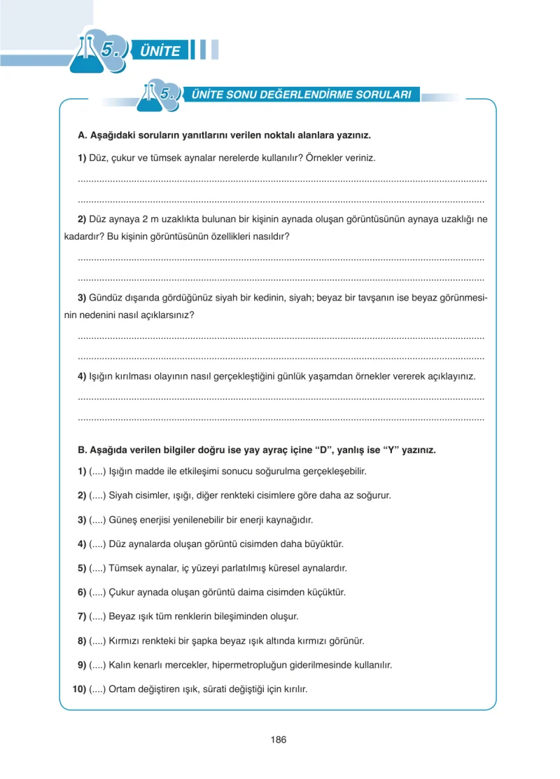 7. Sınıf Fen Bilimleri Ders Kitabı Cevapları Tutku Yayınları Sayfa 186