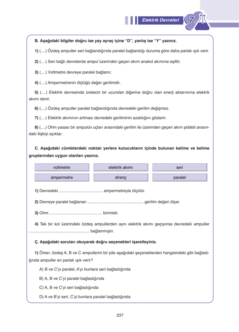 7. Sınıf Fen Bilimleri Ders Kitabı Cevapları Tutku Yayınları Sayfa 237