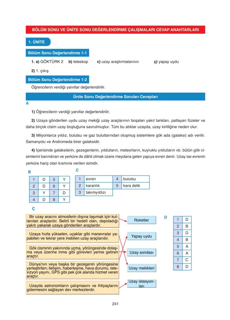 7. Sınıf Fen Bilimleri Ders Kitabı Cevapları Tutku Yayınları Sayfa 241