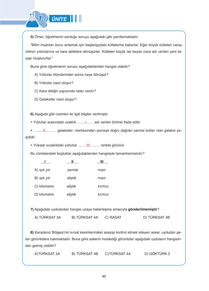 7. Sınıf Fen Bilimleri Ders Kitabı Cevapları Tutku Yayınları Sayfa 40