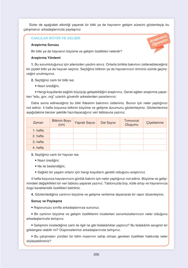 7. Sınıf Fen Bilimleri Ders Kitabı Cevapları Yıldırım Yayınları Sayfa 206