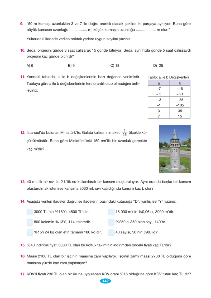 7. Sınıf Matematik Ders Kitabı Cevapları Berkay Yayınları Sayfa 142