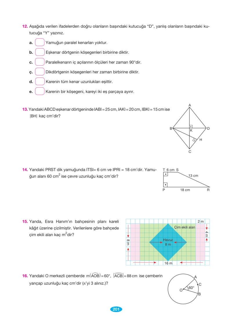 7. Sınıf Matematik Ders Kitabı Cevapları Berkay Yayınları Sayfa 201