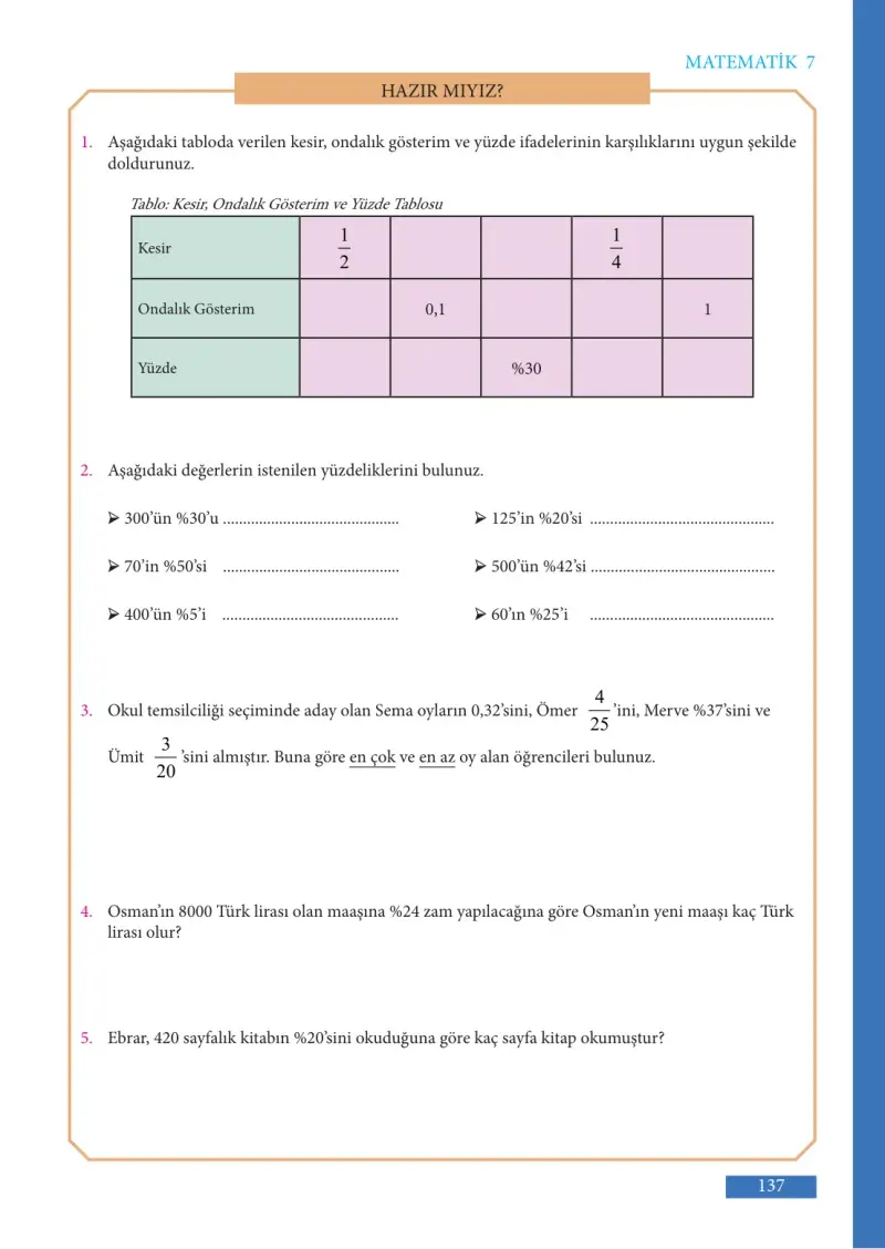 7. Sınıf Matematik Ders Kitabı Cevapları Meb Yayınları Sayfa 137