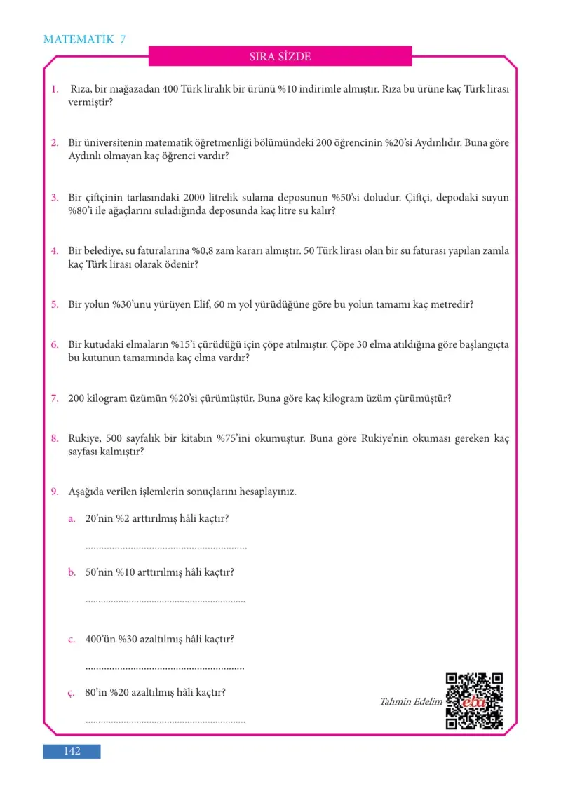 7. Sınıf Matematik Ders Kitabı Cevapları Meb Yayınları Sayfa 142
