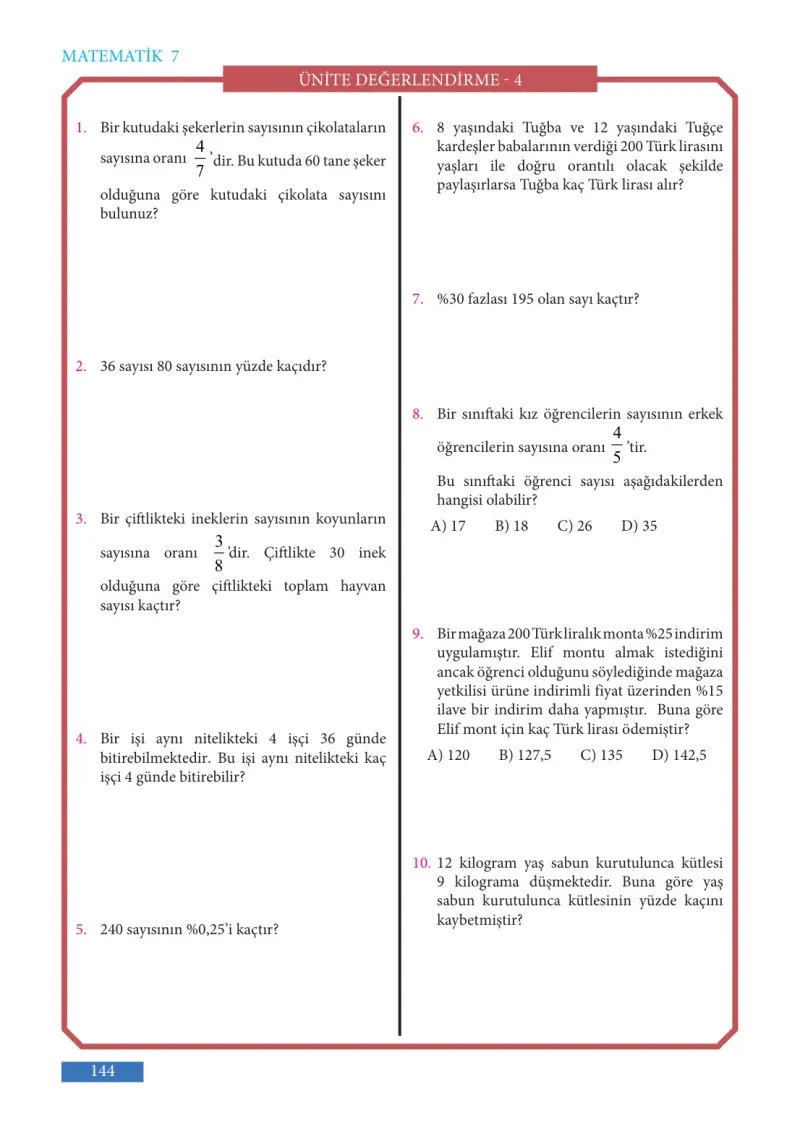 7. Sınıf Matematik Ders Kitabı Cevapları Meb Yayınları Sayfa 144
