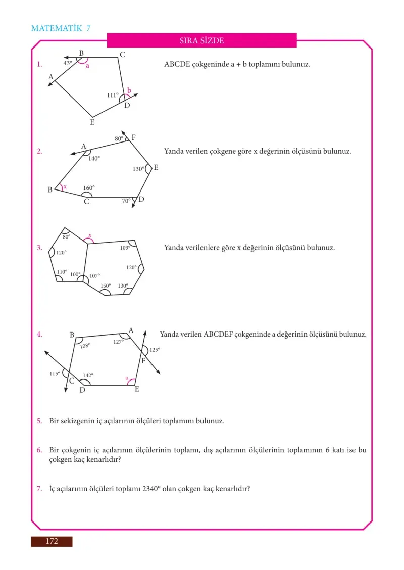 7. Sınıf Matematik Ders Kitabı Cevapları Meb Yayınları Sayfa 172
