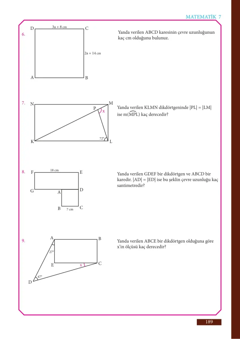 7. Sınıf Matematik Ders Kitabı Cevapları Meb Yayınları Sayfa 189