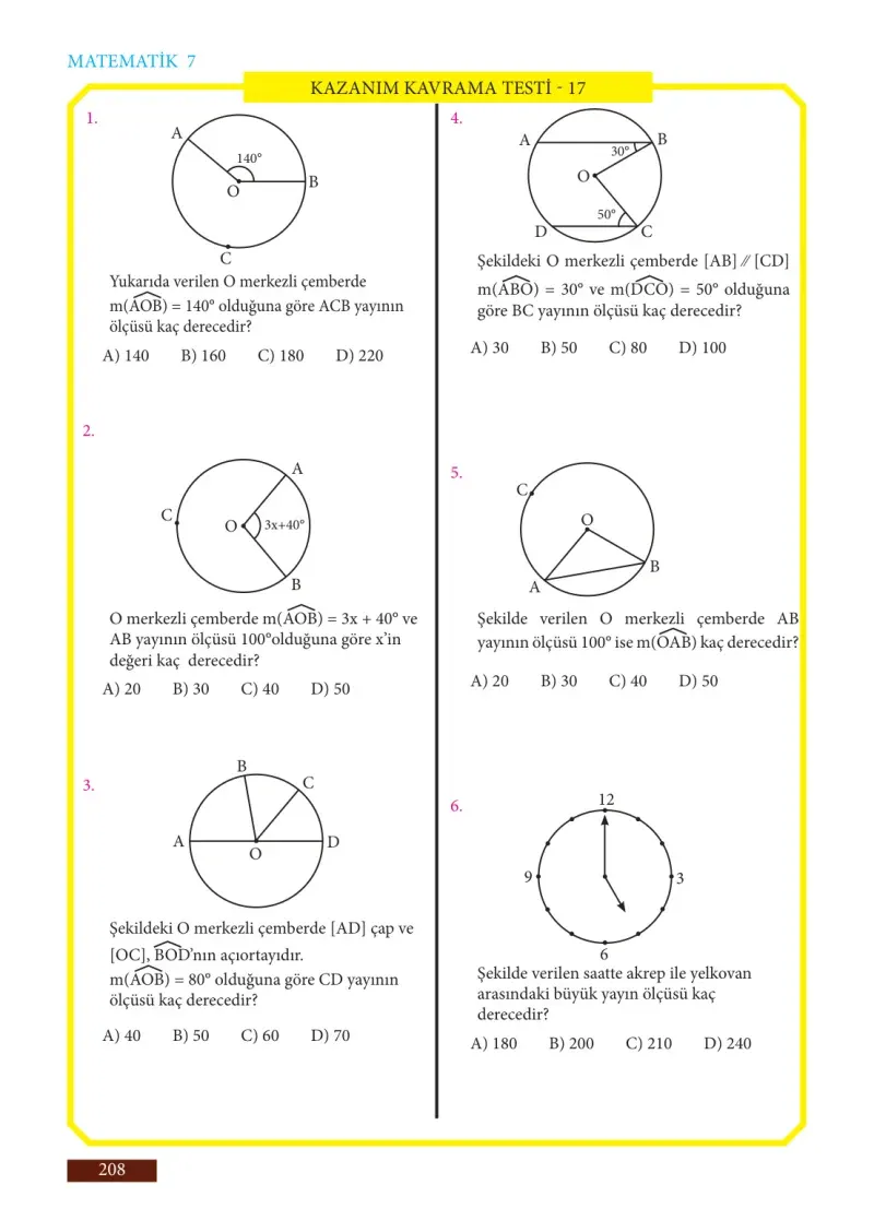 7. Sınıf Matematik Ders Kitabı Cevapları Meb Yayınları Sayfa 208