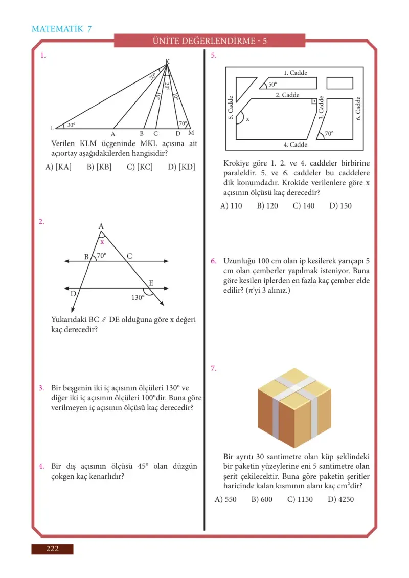 7. Sınıf Matematik Ders Kitabı Cevapları Meb Yayınları Sayfa 222