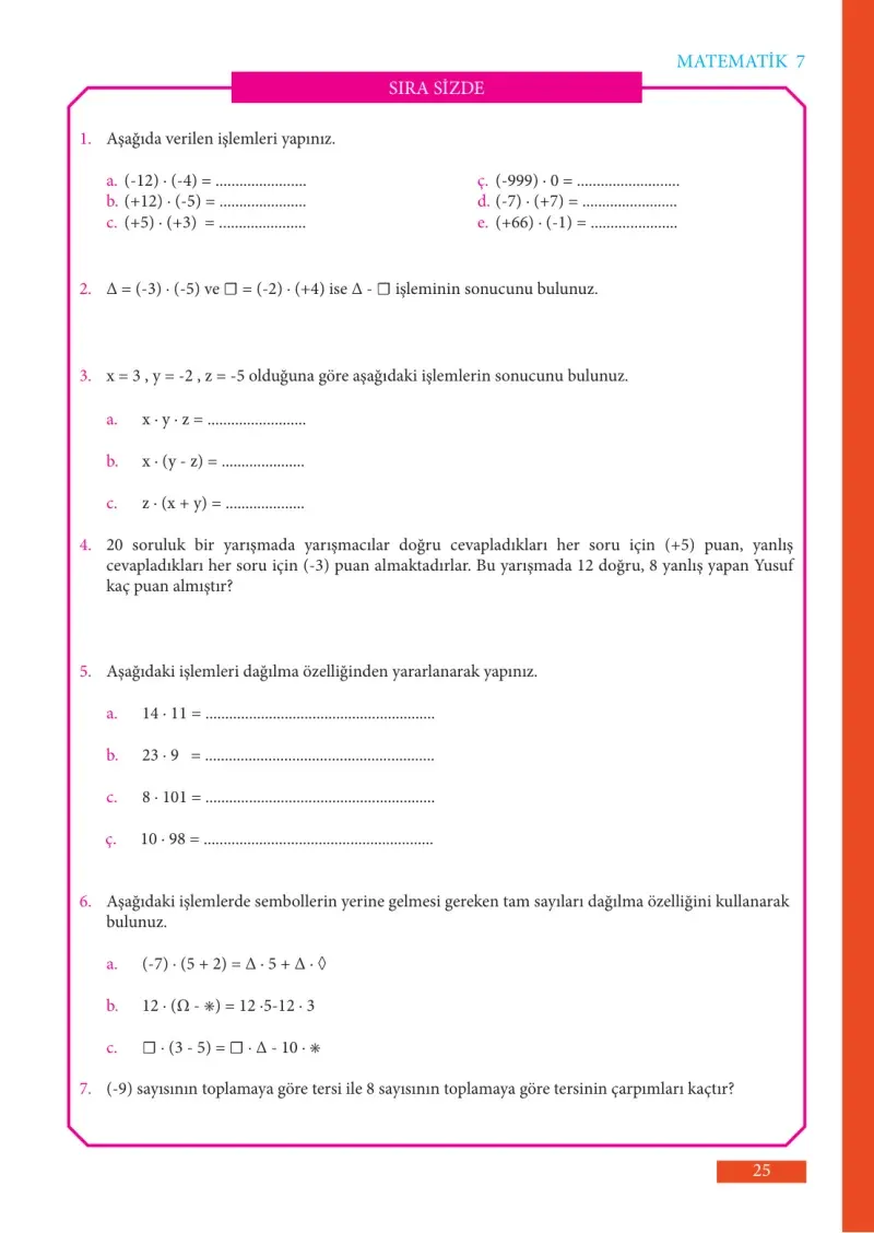7. Sınıf Matematik Ders Kitabı Cevapları Meb Yayınları Sayfa 25