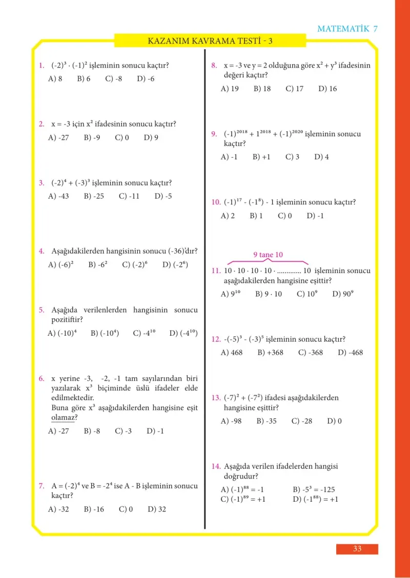 7. Sınıf Matematik Ders Kitabı Cevapları Meb Yayınları Sayfa 33