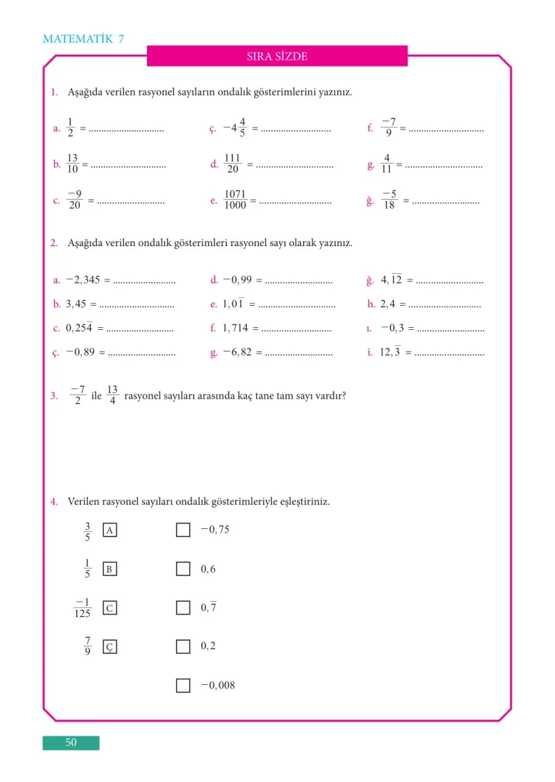 7. Sınıf Matematik Ders Kitabı Cevapları Meb Yayınları Sayfa 50